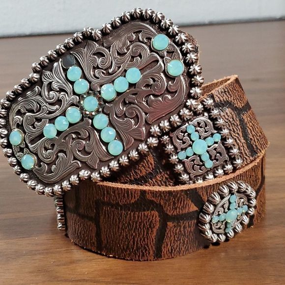 Ariat Blue Sunday Vintage Brown Croc Print Belt‎ Blue Swarovski Crystals Small - Picture 1 of 9